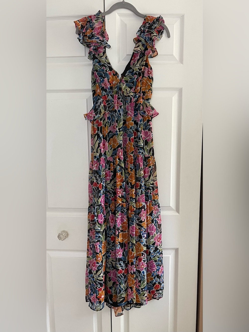 Aqua Floral Ruffle Maxi Dress in Pink, Orange, Green, Navy
